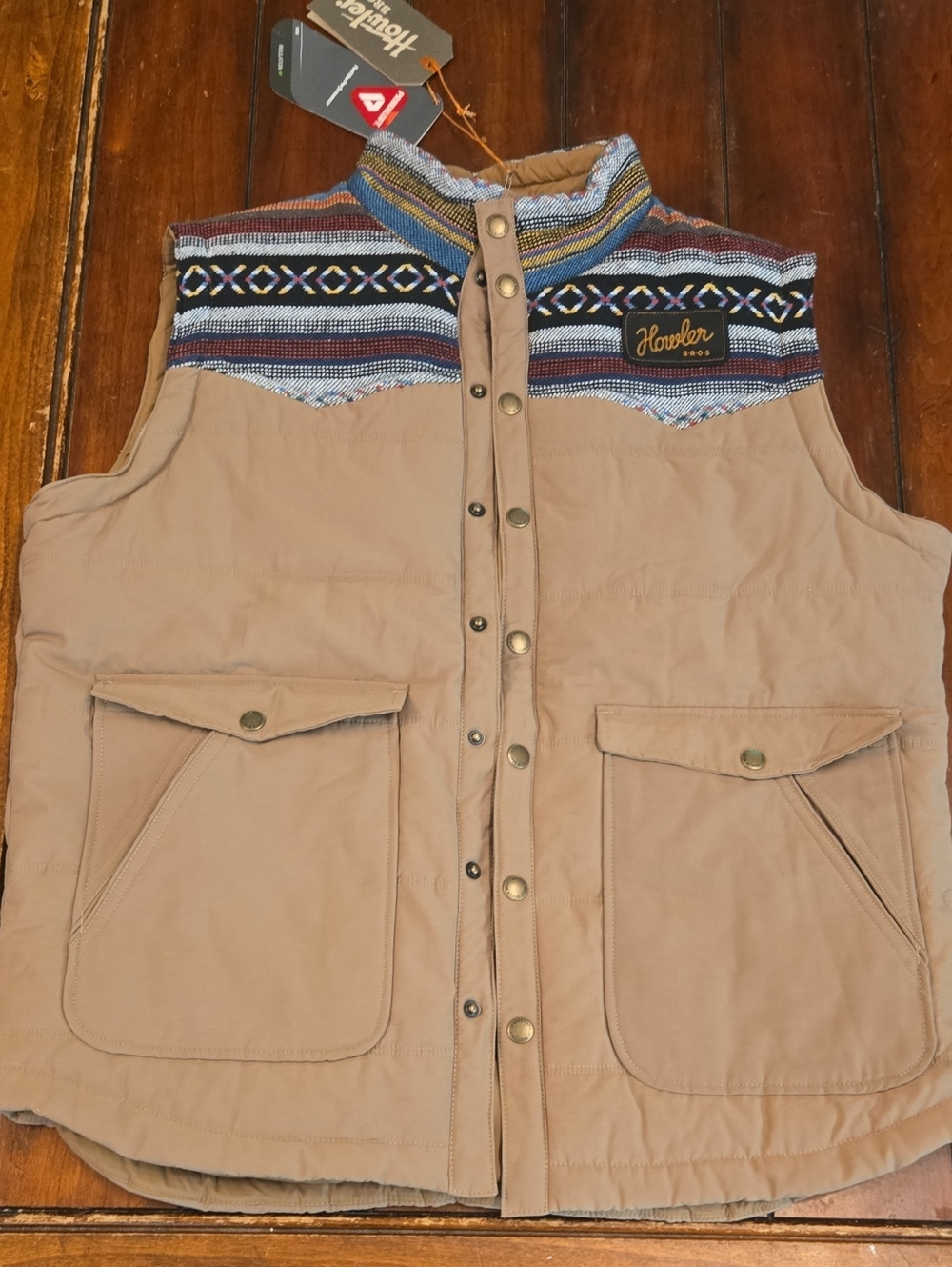Howler Brothers Tan Vest with Multicolor Patterned Yoke